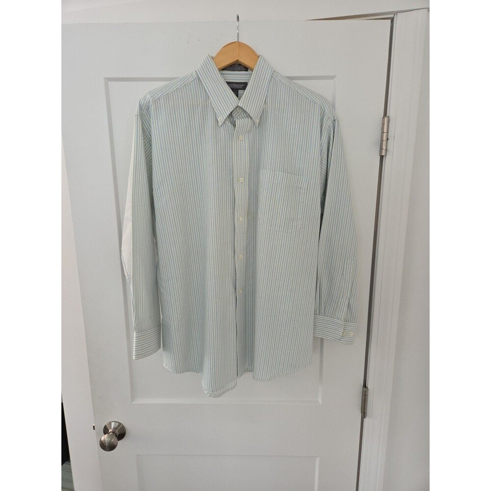 #106 Croft & Barrow Men's pinstrip button up dress shirt 17 32/33 blue green bei